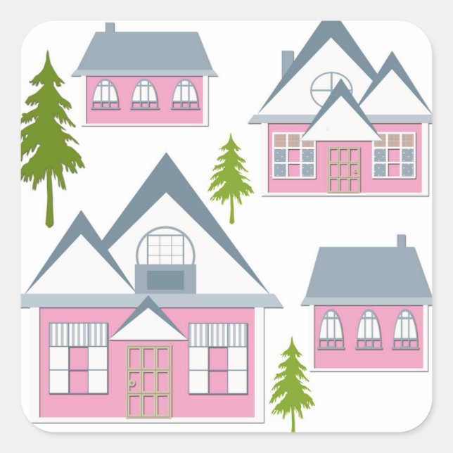 Kids childish cartoon village houses trees pink wh square sticker (Front)