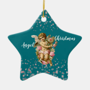 Kid's Christmas Angel in Blue Snowflakes Star  Ceramic Ornament