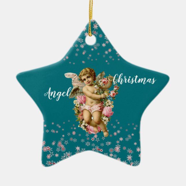 Kid's Christmas Angel in Blue Snowflakes Star  Ceramic Ornament (Front)