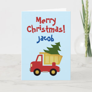 Kid's Christmas card with dump truck and pine tree