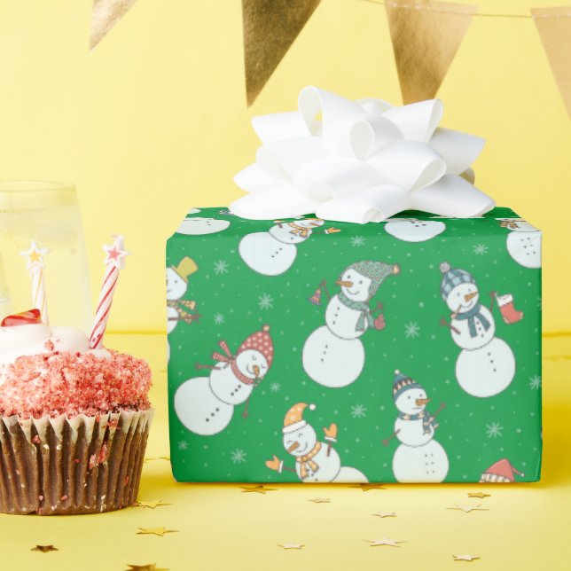 Kids Christmas Cute Snowman in Hats Green Wrapping Paper (Birthday Party)