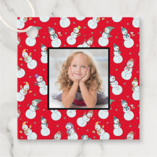 Kids Christmas Cute Snowman in Hats Red Photo Favour Tags