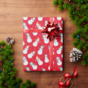 Kids Christmas Cute Snowman in Hats Red Wrapping Paper