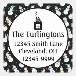 Kids Christmas Cute Snowman in Hats Return Address Square Sticker