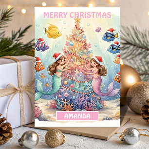 Kids Christmas Mermaid Coral Celebration Holiday Card