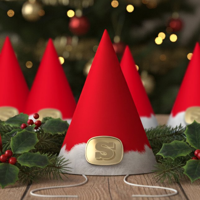 Kids Christmas Party Funny Red Elf Monogrammed Hat (Fun and festive red and white Christmas elf party hat just for you. Add your initial! )