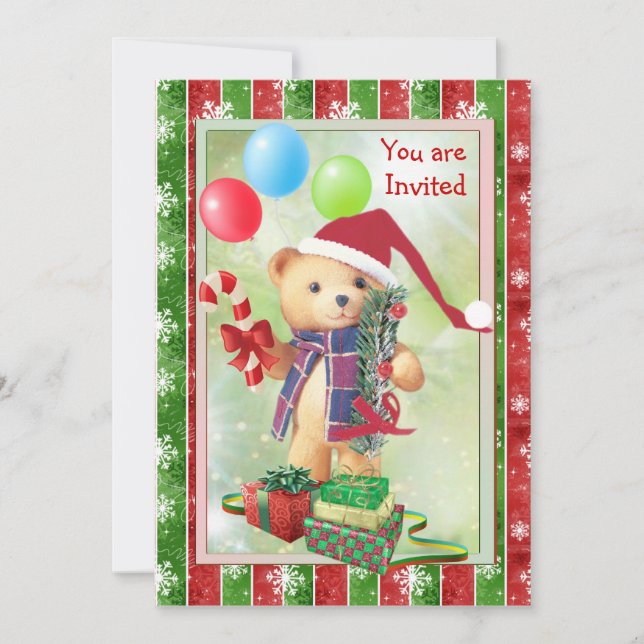 Kids Christmas Party Invitation with Teddy Bear (Front)