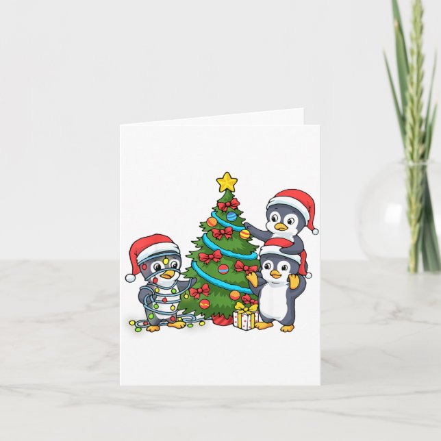 Kids Christmas Penguin Christmas Tree Lights Baubl Card (Front)