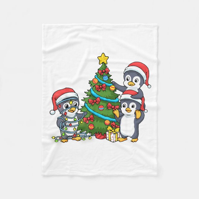 Kids Christmas Penguin Christmas Tree Lights Baubl Fleece Blanket (Front)