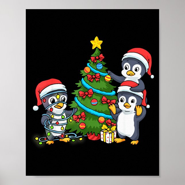 Kids Christmas Penguin Christmas Tree Lights Baubl Poster (Front)