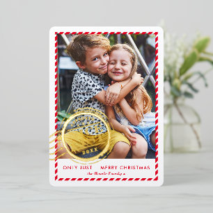 KIDS CHRISTMAS PHOTO cute Nice List stamp red gold Foil Holiday Card