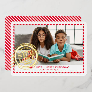 KIDS CHRISTMAS PHOTO fun Nice List stamp red gold Foil Holiday Card
