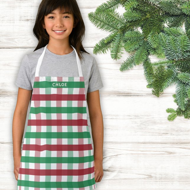 Kids Christmas Red Green Plaid Personalised Name Apron (Creator Uploaded)