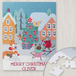 Kids Christmas Scene with Woodland Animals Jigsaw Puzzle<br><div class="desc">Personalized jigsaw puzzle for kids with cute woodland animal Christmas scene. The template is set up ready for you to add your child's name in the snow and, you can edit the "Merry Christmas" wording if you wish. The Christmas snow scene has woodland animals enjoying the snow in their village...</div>