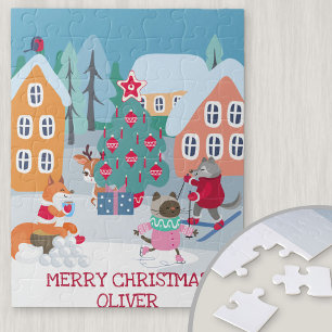 Kids Christmas Scene with Woodland Animals Jigsaw Puzzle