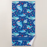 Kids Christmas Shark Narwhal Personalised Beach Towel<br><div class="desc">Kids Shark Narwhal Personalised Under the Sea Beach Towel. Narwhal,  shark,  whale under the sea themed red,  green and blue holiday pattern with peppermints,  candy canes and ornaments.</div>