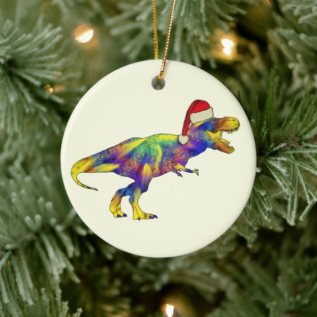 Kids Christmas T-Rex Dinosaur Santa Ceramic Ornament (Tree)