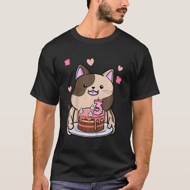 Kids Chubby Cat Holding A Birthday Cake 3rd Year B T-Shirt (Front)