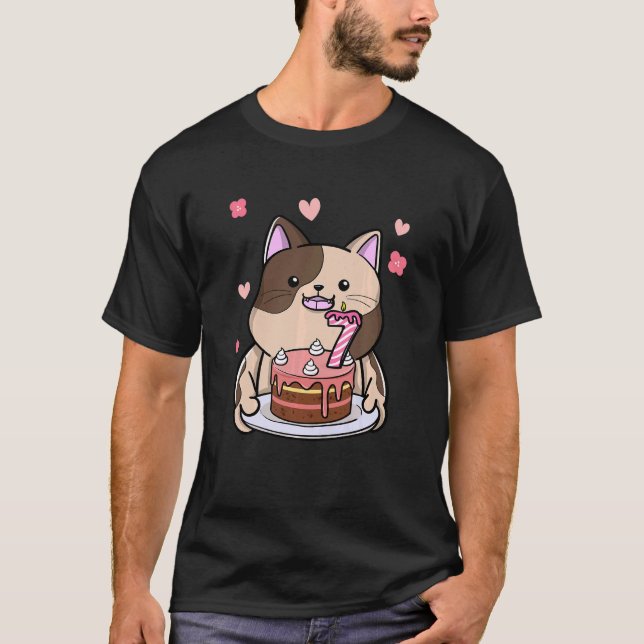 Kids Chubby Cat Holding A Birthday Cake 7th Year B T-Shirt (Front)