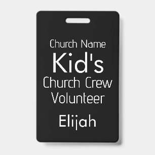 KIDS Church Crew Volunteer Black White Name ID Badge