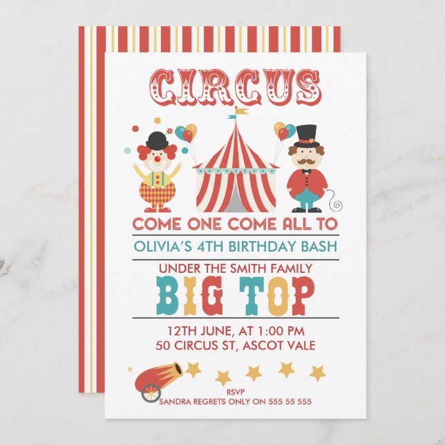 Kids Circus Birthday party Invitation (Front/Back)