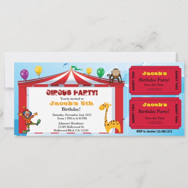 Kids Circus Birthday Ticket Invites (Front)