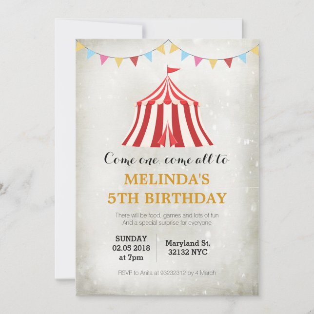 Kids circus carnival Birthday party invitations (Front)