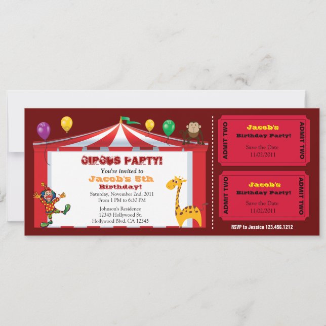 Kid's Circus Ticket Birthday Invites (Front)