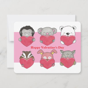 Kids Class Valentine Animal Hearts Flat Card