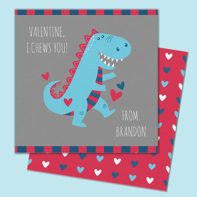 Kids Classroom Dinosaur Valentines Note Card (Cute mini 2.5x2.5" dinosaur valentine, perfect for a kids classroom exchange)