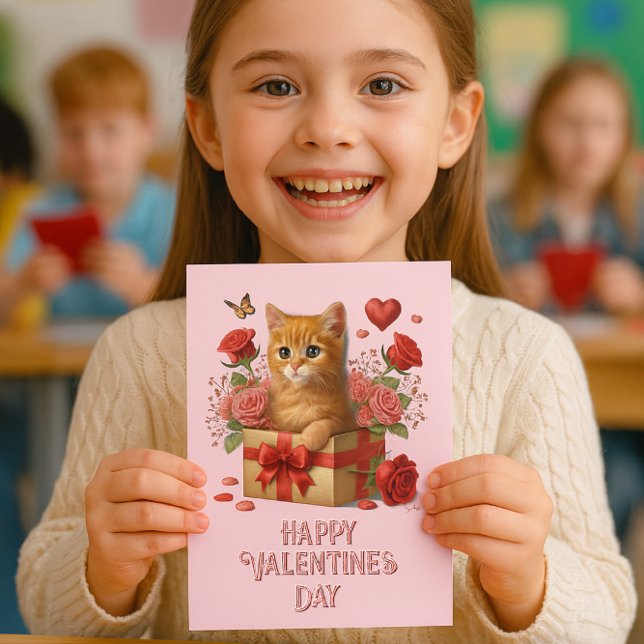 Kids Classroom Valentine's Day Cute Kitty  Card (Happy girl shows kitten Valentine card in bright classroom perfect for school  card exchange)