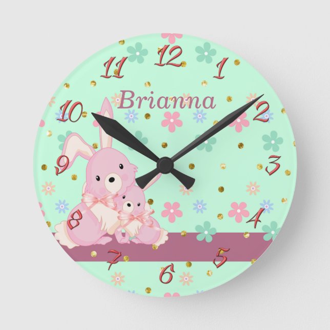 Kids Clock with Pink Bunnies (Front)