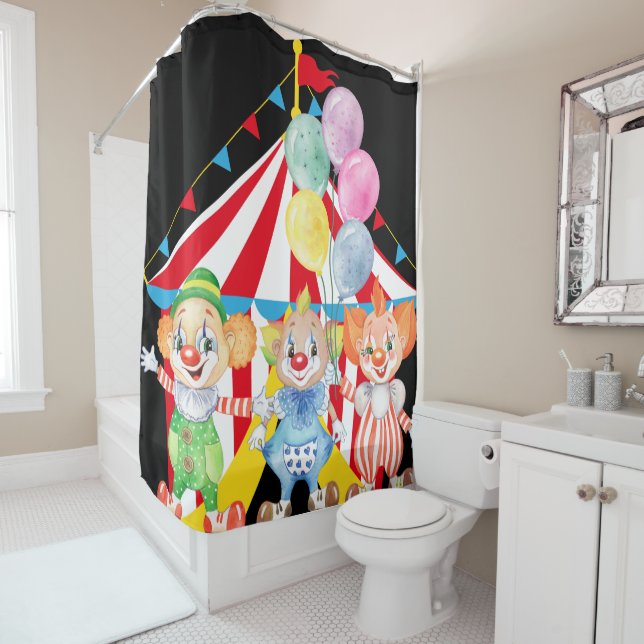 Kids Clowns On Black Shower Curtain (In Situ)