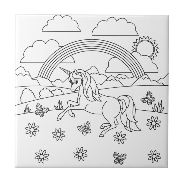 Kids Colour Me Unicorn Rainbow Ceramic Tile (Front)