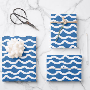 Kids Colourful Blue & White Wavy Lines  Wrapping Paper Sheet