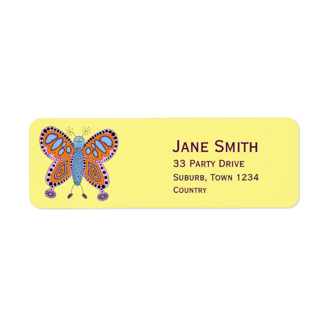 Kid's colourful butterfly kids party return address label (Front)