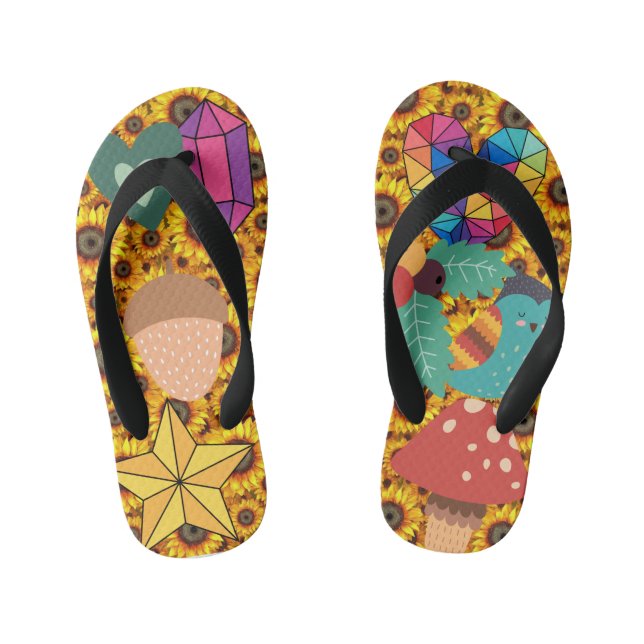 Kids Colourful Clipart Collage Flowers Star Rainbo Kid's Thongs (Footbed)