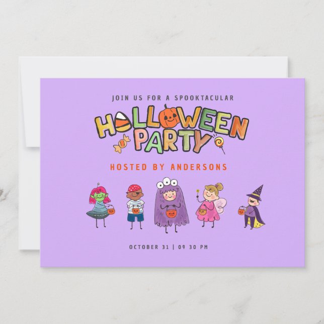 Kids Colourful Halloween Purple Costume Party Invitation (Front)