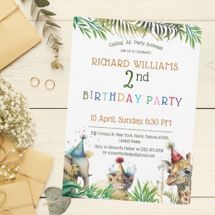 Kids Colourful Party Wild Animals Safari Birthday Invitation