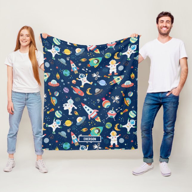 Kids Colourful Personalised Outer Space Astronauts Fleece Blanket (In Situ)
