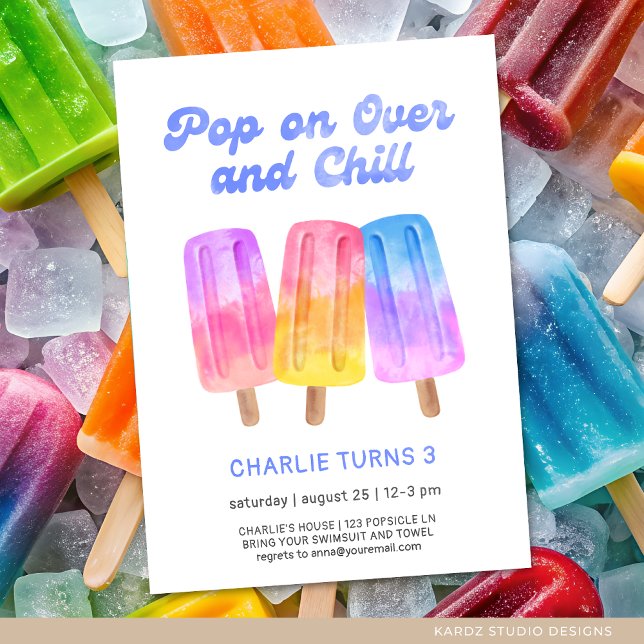 Kids Colourful Popsicle Summer 3rd Birthday Invitation (Invite shown in 5 x 7 inches, choose size, paper and corner style. Buy print or digital invitations)