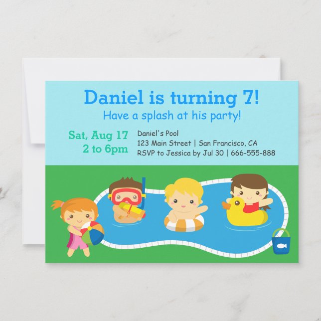 Kids Colourful Splash Birthday Pool Party Invitation (Front)
