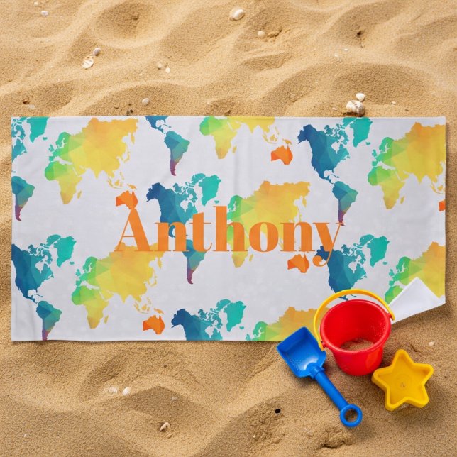 Kids Colourful World Map Custom Name Monogram Beach Towel (Creator Uploaded)