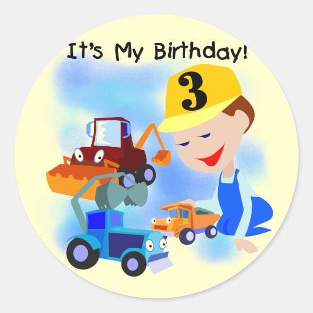 Kids Construction 3rd Birthday T-shirts and Gifts Classic Round Sticker (Front)