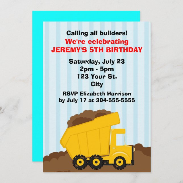 Kids Construction Birthday Invitation (Front/Back)