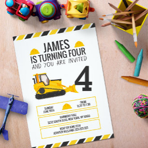 Kids Construction Bulldozer Birthday Party Invitation
