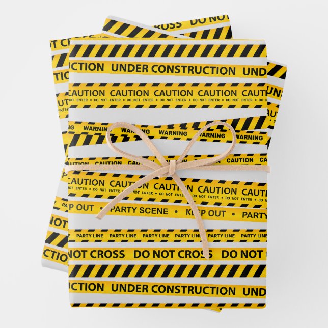 Kids Construction Caution Line Gift Party Supplies Wrapping Paper Sheet (In situ)