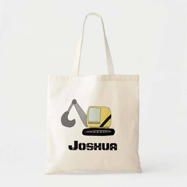 Kids Construction Digger Excavator and Name Boys Tote Bag (Front)