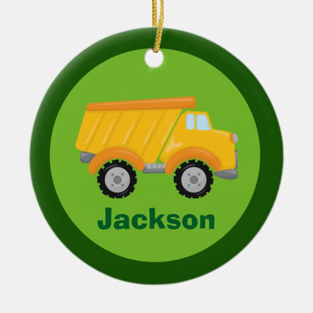Kids Construction Dump Truck Custom Boys Monogram Ceramic Ornament (Front)