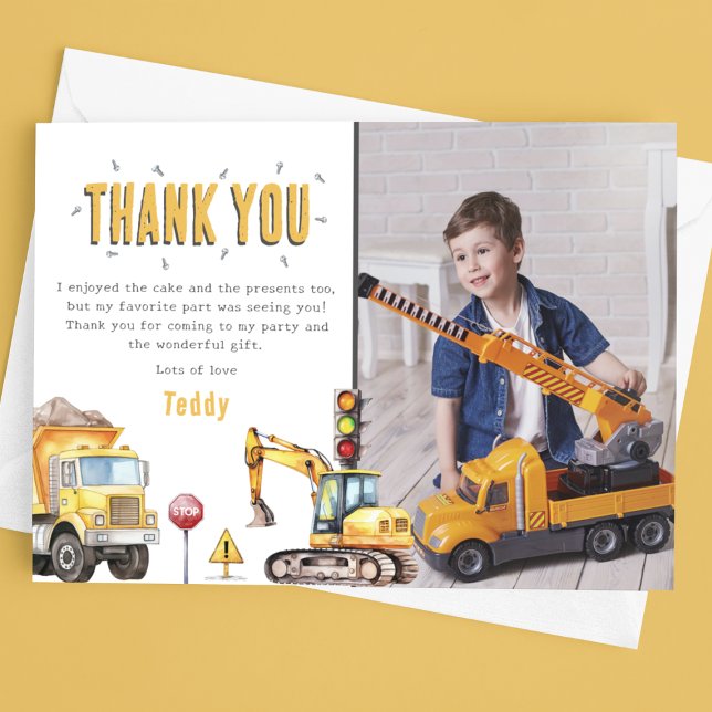 Kids Construction Photo Birthday Party Thank You Card (Creator Uploaded)